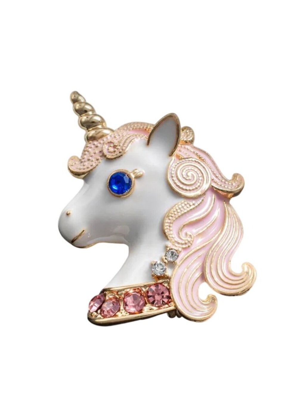Unicorn White Enamel Brooch With Crystal Accents Pastel Pink & Gold Tone